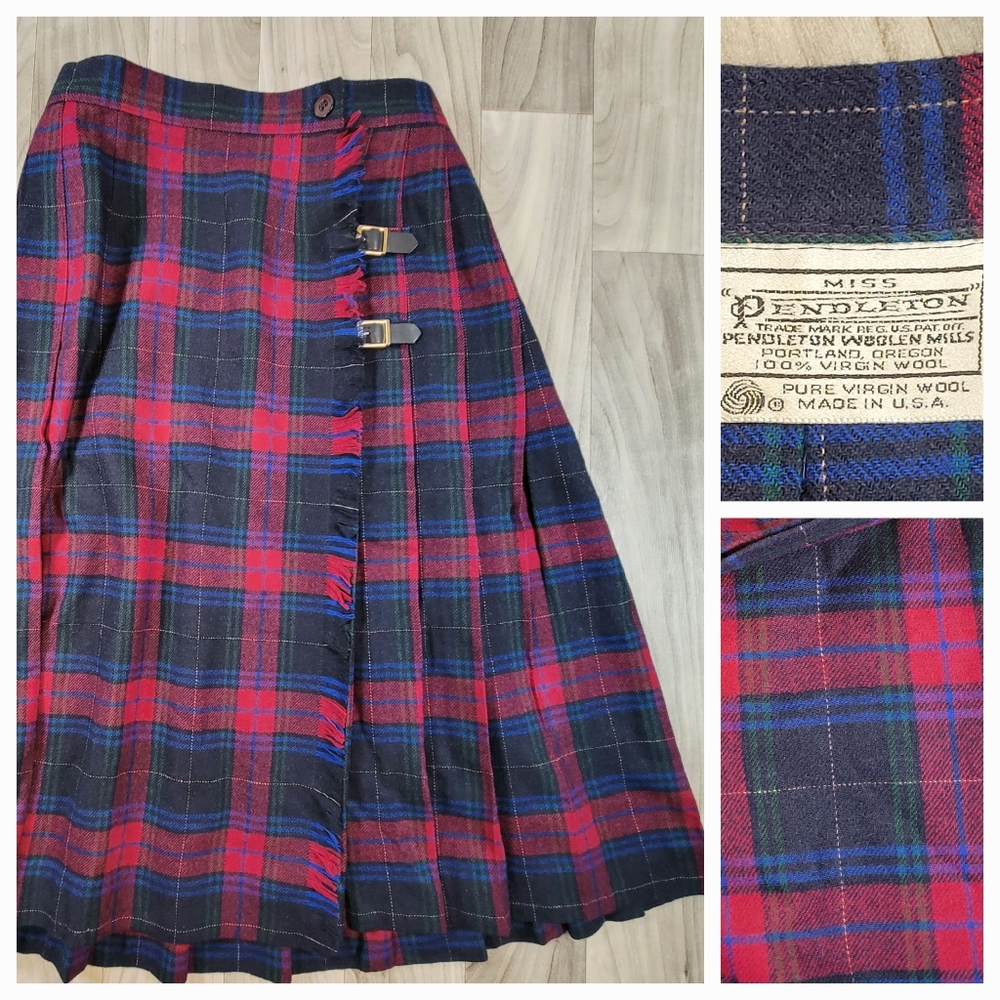 PENDLETON Skirt Kilt Tartan Plaid Size 12 Miss 27" Waist Pleated A-line Wrap Vtg